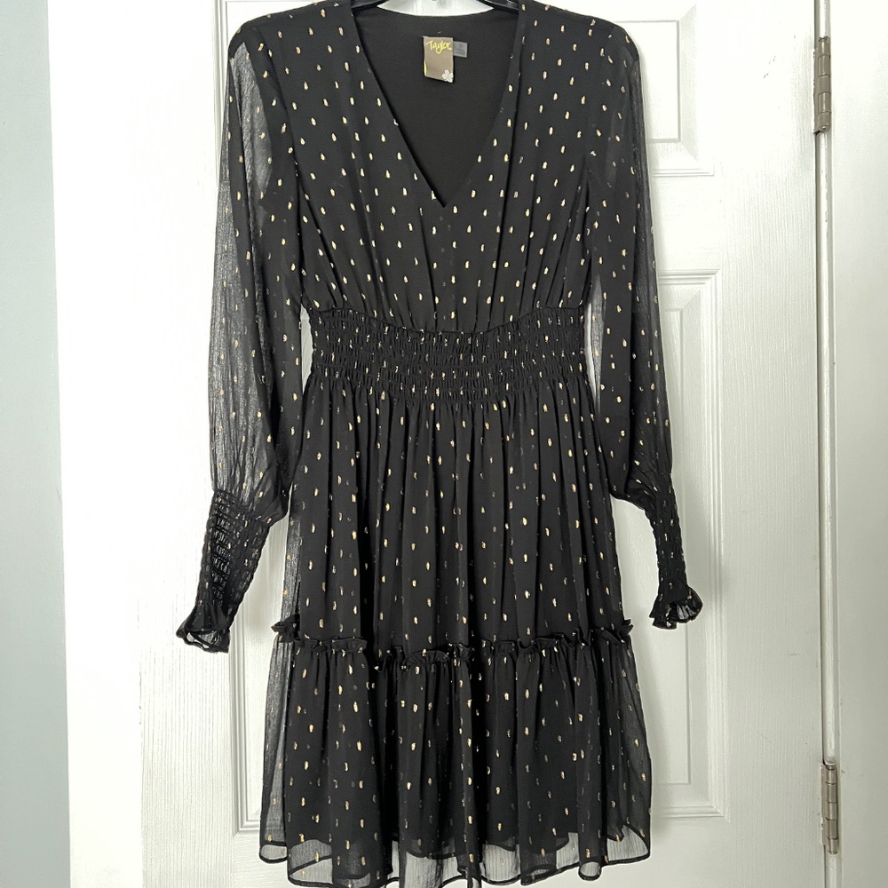 Taylor Chiffon Black Gold Midi Dress Size 2